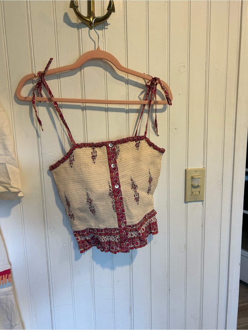 Boho Cream and Red Floral Tie-Strap Crochet Tank Top